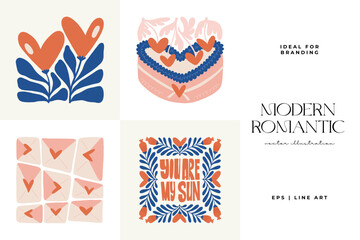 Modern Romantic, Valentine's day vertical flyer or poster template. Love hand drawn trendy illustration.