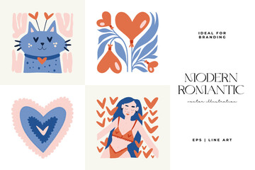 Modern Romantic, Valentine's day vertical flyer or poster template. Love hand drawn trendy illustration.