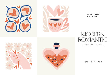 Modern Romantic, Valentine's day vertical flyer or poster template. Love hand drawn trendy illustration.