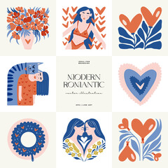 Modern Romantic, Valentine's day vertical flyer or poster template. Love hand drawn trendy illustration.