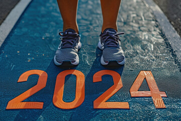 An athlete at the starting line of a middle or long distance race, with the text "Start 2024". Summer Olympic sports