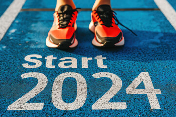 An athlete at the starting line of a middle or long distance race, with the text "Start 2024". Summer Olympic sports