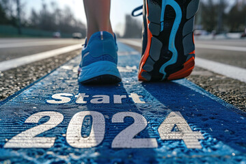 An athlete at the starting line of a middle or long distance race, with the text "Start 2024". Summer Olympic sports