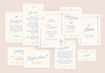 Wedding Invitation Suite Layout with Hand Drawn Scribbled Illustrations