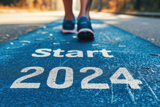 An athlete at the starting line of a middle or long distance race, with the text "Start 2024". Summer Olympic sports - Powered by Adobe