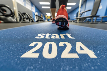 An athlete at the starting line of a middle or long distance race, with the text "Start 2024". Summer Olympic sports
