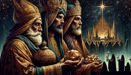 Three Wise Men in traditional attire, holding their gifts of gold, frankincense, and myrrh. The background is a starry night sky, with a subtle silhouette of the nativity scene in the distance. - obrazy, fototapety, plakaty