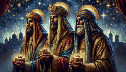 Three Wise Men in traditional attire, holding their gifts of gold, frankincense, and myrrh. The background is a starry night sky, with a subtle silhouette of the nativity scene in the distance. - obrazy, fototapety, plakaty
