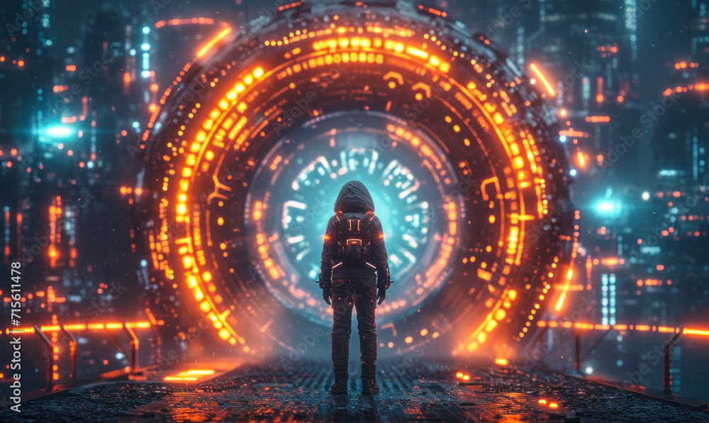 Poster futuristic cybernetic portal with glowing neon lights and digital elements forming a circular frame 