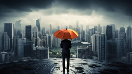 Solitary businessman standing with umbrella amidst cityscape, facing inclement weather, representing concepts of business insurance and corporate risk management