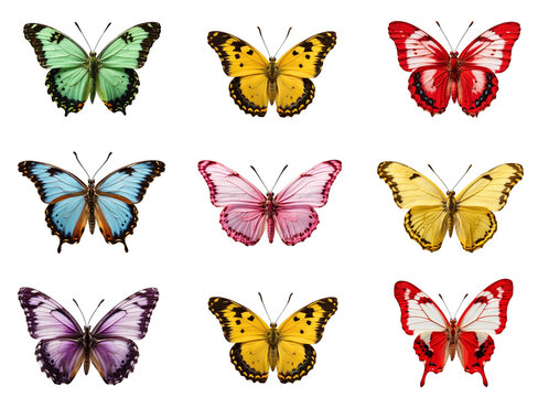 Big collection of PNG colorful butterflies or on a transparent background. Decorations and design elements for a project, banner, postcard, business, background. Beautiful bright butterflies. Insect.
