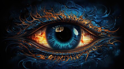 surreal colorful blue eye of fantastic woman closeup. Generative AI	