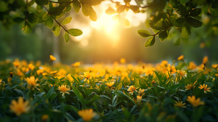 sunset in the forest, flowers 