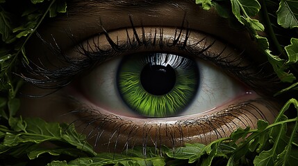 Green Eye with Focused Detail and Individual Eyelashes in Macro Photography. Floral concept. Generative AI	 - obrazy, fototapety, plakaty
