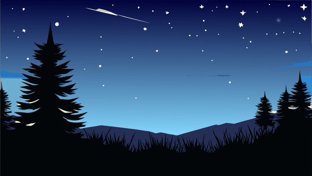 Starry night over a tranquil meadow. vektor illustation