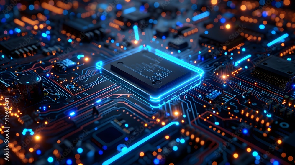 Aufkleber computer circuit board, a computer circuit board with a blue light shining on it's side and a blue l