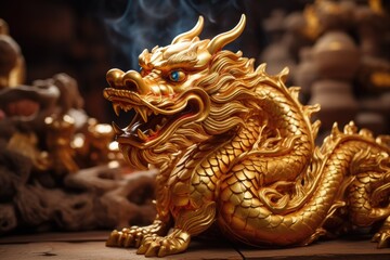 golden dragon figure with blue eyes