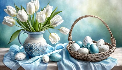 Niebiesko-białe wielkanocne tło z pisankami w koszyku i białymi tulipanami 