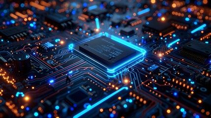 computer circuit board, a computer circuit board with a blue light shining on it's side and a blue light shining on the top of it - obrazy, fototapety, plakaty