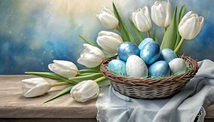 Blue and white Easter background with Easter eggs in a basket and white tulips