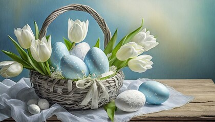 Niebiesko-białe wielkanocne tło z pisankami w koszyku i białymi tulipanami 