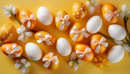 Wielkanocna ilustracja z pisankami, kokardami i kwiatami w pomarańczowym kolorze - obrazy, fototapety, plakaty