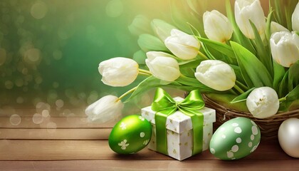 Wielkanocne tło w odcieniach zieleni z pisankami, tulipanami i prezentem - obrazy, fototapety, plakaty