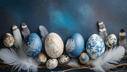 Wielkanocne tło z białymi i niebieskimi pisankami i piórami