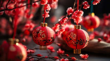 Traditional red Chinese lanterns adorned with golden characters, blossoms, and tassels, symbolizing joy and prosperity for the Lunar New Year celebration