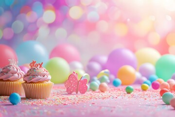 Joyful and whimsical cupcakes with frosting and playful candy toppings on a dreamy background