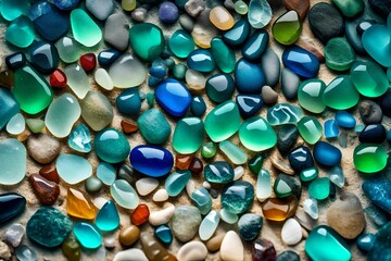 Fototapeta na wymiar Colorful gemstones on a beach. Polish textured sea glass and stones on the seashore. Green, blue shiny glass with multi-colored sea pebbles close-up. Beach summer . 