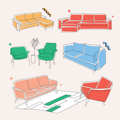 Set of wooden legs luxury sofa and chair. Modern designer stuff. Flat vector illustration isolated on the white background. Hand-drawn sketches of icon, doodle in outline style