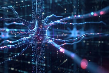 Artificial neuron in concept of artificial intelligence. Wall-shaped binary codes make transmission lines of pulses and/or information in an analogy to a microchip - obrazy, fototapety, plakaty