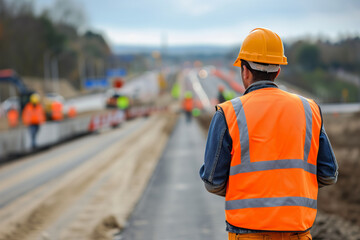 A Civil Engineer Overseeing Road Construction Work On An Expressway Project. Сoncept Road Construction Projects, Civil Engineering, Expressway Development, Infrastructure Development - obrazy, fototapety, plakaty