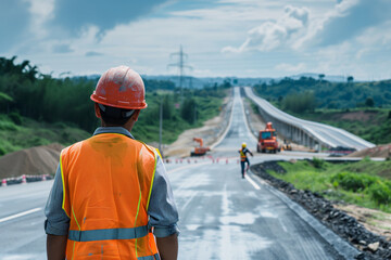 Supervising Road Construction On An Expressway Project: The Role Of A Civil Engineer. Сoncept Construction Safety Measures, Traffic Management, Quality Control, Project Documentation - obrazy, fototapety, plakaty