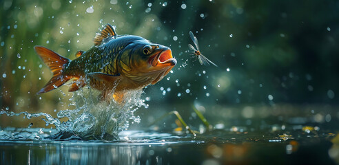 Fish jumping out of the water to eat dragonflies