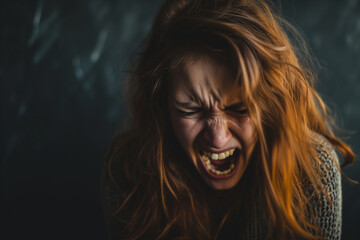 A Distressed Woman Expresses Her Frustration, Crying Out Against A Dark Backdrop. Сoncept Emotional Portrait, Distressed Expression, Frustration, Crying Out, Dark Backdrop