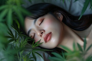 A Girl Of Asian Descent Sleeping With Cbd Oil And Cannabis, Promoting Better Sleep With Melatonin Standard. Сoncept Bedtime Rituals, Cbd For Sleep, Natural Sleep Aids, Benefits Of Melatonin