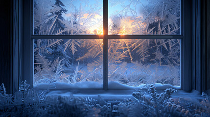 Ice pattern on window glass  with winter cabin background.