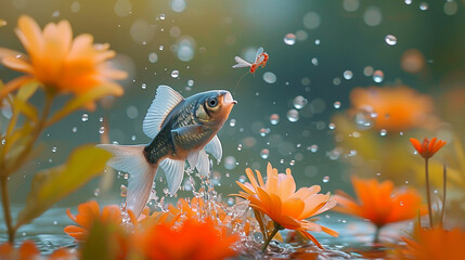 Fish jumping out of the water to eat dragonflies
