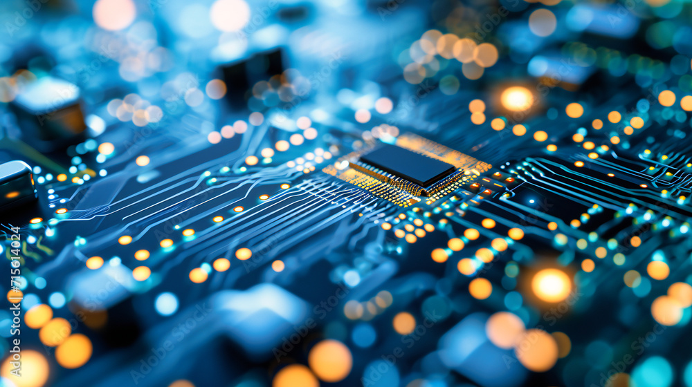 Poster motherboard microchip technology: close-up of a computer motherboard and microchip, illustrating the
