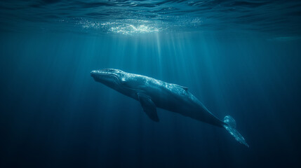 A blue whale swims alone in the deep ocean - obrazy, fototapety, plakaty