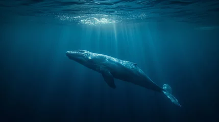 Tuinposter A blue whale swims alone in the deep ocean © kitti