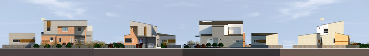 panorama of the town, 2D Rendering elevation of a cosy single house