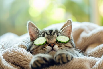 A Pampered Kitten At A Spa, Blissfully Relaxed With Cucumber Eye Patches. Сoncept Pampering Pets, Feline Spa Day, Relaxation For Kittens, Spa Treatments For Cats, Cucumber Eye Patches For Cats