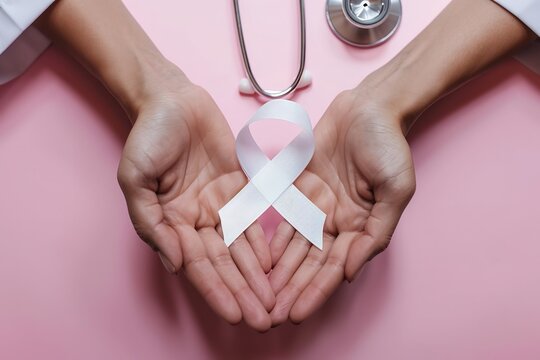 Free photo white awareness ribbon in two hands with stethoscope on pink background.