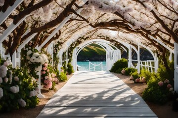 Coastal romance: wooden arch adorned with flowers, a white walkway for vows