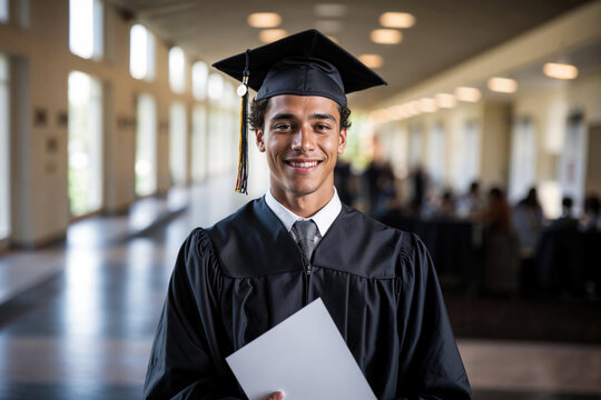 Generative AI illustration of smiling young male graduate holding a diploma, wearing a cap and gown, standing in a well-lit hallway