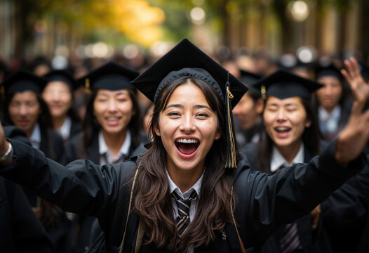 Generative AI illustration of ecstatic young woman in graduation cap with arms raised, celebrating among a crowd of fellow graduates