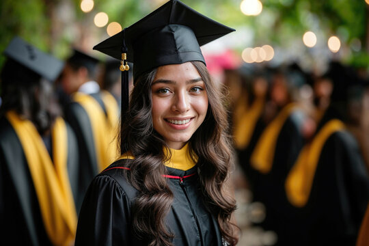 Generative AI illustration of portrait of smiling young woman in a black graduation gown and cap with other graduates in the background